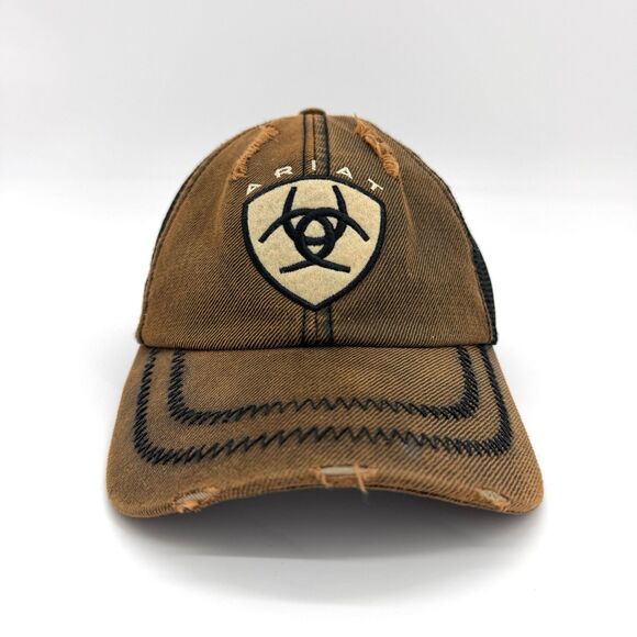 Ariat Distressed Trucker Hat Brown Black Mesh Western Rodeo Workwear Cap - Picture 2 of 8